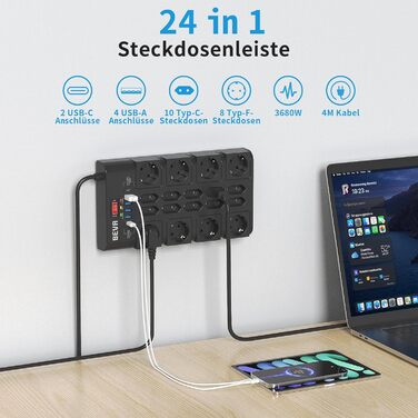 Мережевий фільтр BEVA з 18 розетками, 3680W/16A, захист від перенапруги 2100 Дж, 2 USB-C (15W) + 4 USB-A, з вимикачем, для офісу та дому