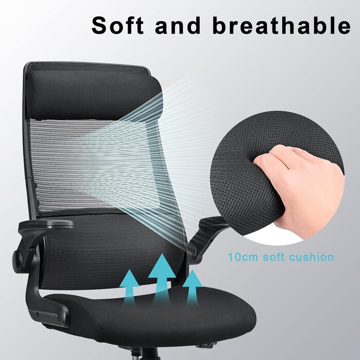 Ергономічне крісло для офісу з регульованою підголовником, офісне крісло з сітки, відкидні підлокітники, широке сидіння, функція гойдання, комп'ютерне крісло EN 1335, офісне крісло 200 кг, чорне
