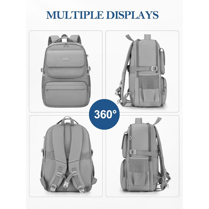 Шкільний рюкзак FIORETTO для підлітків та жінок: водонепроникний, легкий, 25L, з відділенням для ноутбука 15,6' (сірий)