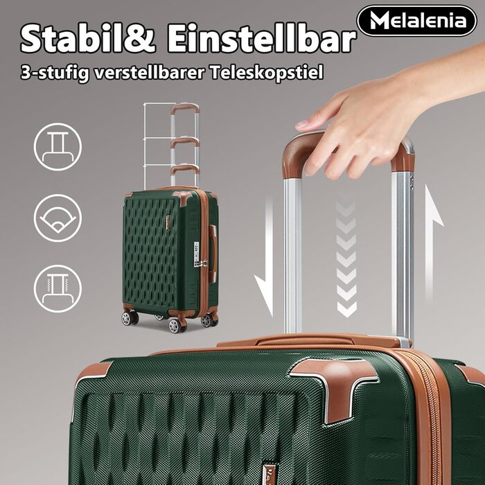 Набір валіз Melalenia 7 предметів з жорстким корпусом, легкий, на 4 колесах з TSA-замком. Включає косметичку, сумку для подорожей та кулькову сумку (зелений, 53см, набір ручної поклажі 4 предмети)