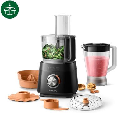 Philips Compact Food Processor – 850W, 31 Functions, 2.1-Liter Bowl, PowerChop, Stainless Steel Blade (HR7530/10) 850 Watt, 29 Functions + Stand Mixer Attachment