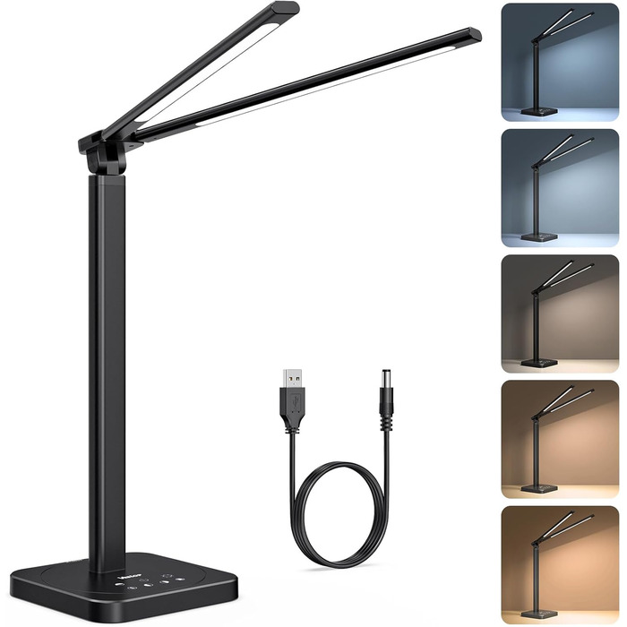 LED лампа настільна Veetop з подвійним світлом, регульована, денне світло, 72 см, шарнірний кріплення, 5 рівнів яскравості, 5 колірних температур, диммування, офісна лампа