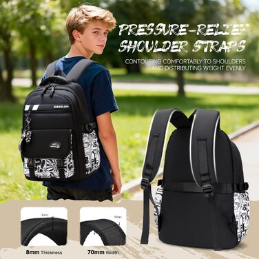 Шкільний рюкзак Tanou для хлопців-підлітків, чорний, з принтом графіті, водонепроникний, 10-18 років