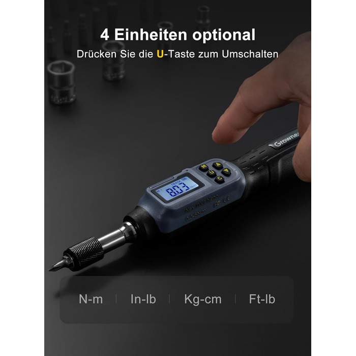 Цифровий динамометричний викрут GROWNEER 2.66-53.1 In-lbs/0.3-6 Nm з LED-дисплеєм та звуковим сигналом, 1/4'' Drive, 27 в 1