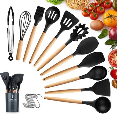 Набір кухонних аксесуарів KagoLing: 13 предметів з силікону з дерев'яними ручками (ложка, щипці, вінчик, шпатель)
