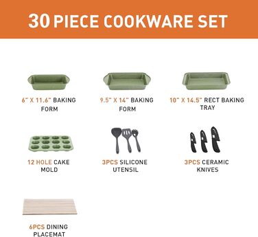 Набір каструль та сковорідок DishDelight 30 предметів з антипригарним покриттям з граніту. Набір каструль, сковорідок з кришками з термостійкого скла. Зелений колір.