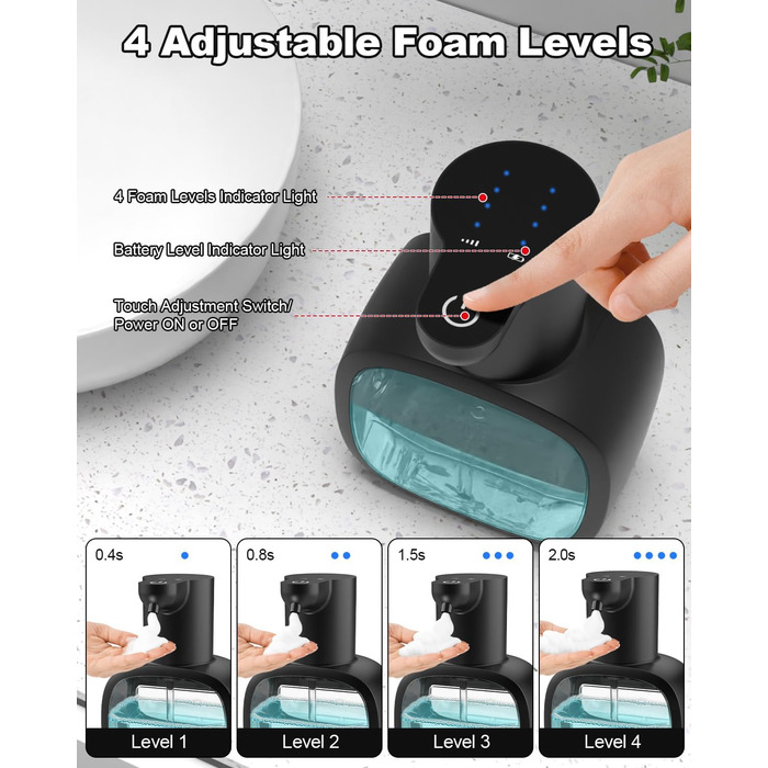 Автоматичний диспенсер для мила Dalugo з USB-C, 500 мл, настінний, електричний сенсор, регульований, для кухні та ванної кімнати, чорний, диспенсер для рідкого/пінистого мила