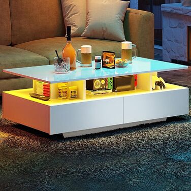Журнальний стіл YITAHOME білий, глянець, з LED-підсвіткою 16 кольорів, сучасний стіл для вітальні з відкритою полицею і 4 висувними шухлядами, 90x55x41,1 см