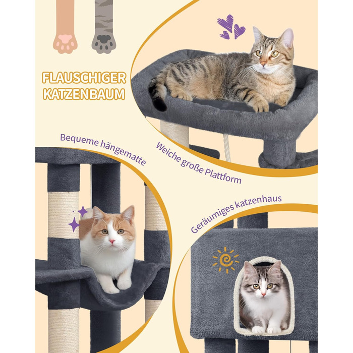Дерево для котів Hzuaneri, 149 см, з 5 стовпчиками для шліфування, великими платформами, гніздом-хованкою, багатоярусне, з помпонами, MS14918LG (темно-сірий)