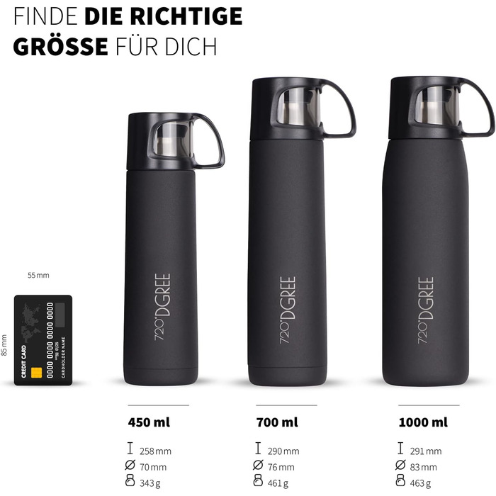 720°DGREE Thermoskanne with Cup 1l “Follow” - 3 Sizes, 12h Hot, 24h Cold, Leak-Proof, BPA-Free - Stainless Steel Thermos Flask, Insulated Bottle for Coffee, Tea at Work, School, To Go