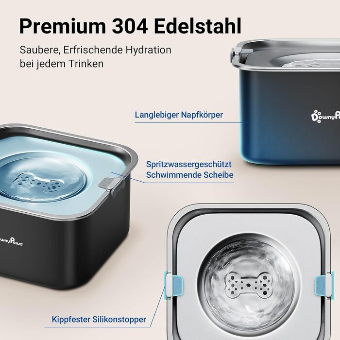 Миска для собак DownyPaws без облизування, 3L, з нержавіючої сталі 304, чорна. Запобігає розбризкуванню, підходить для дому та вулиці, зберігає чистоту.