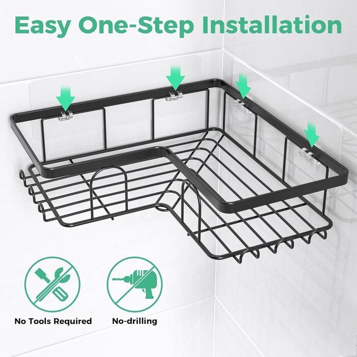 Дзеркальна поличка для душу без свердління, 2 шт. Органайзер для ванної кімнати з 8 гачками, швидковисихаюча поличка для душу, велика місткість, міцна підставка для шампуню (Чорний). 2 шт. Дзеркальна поличка для душу прямокутна (3 шт. куткова поличка для 
