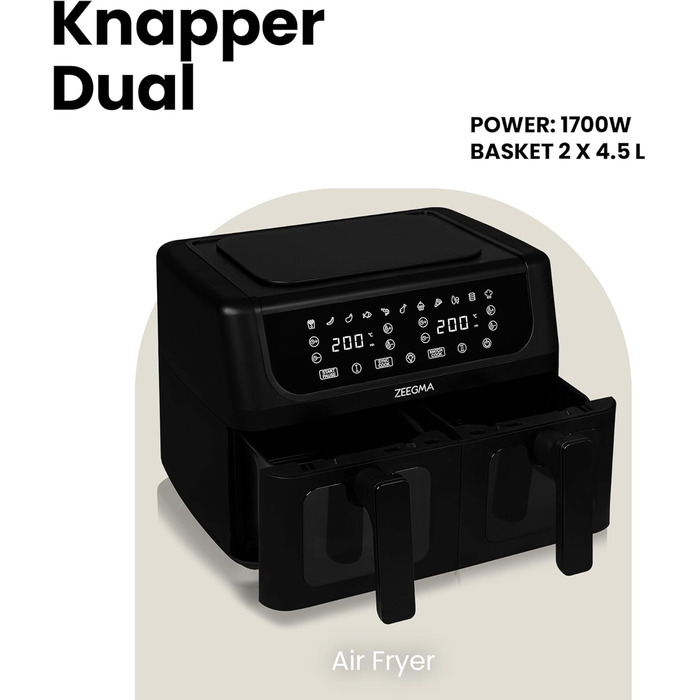 Фритюрниця з гарячим повітрям ZEEGMA KNAPPER DUAL, 1700 Вт, 2 відсіки, 9 л, таймер 60 хв, 11 програм, 60-200 °C, швидкий нагрів, сенсорне керування, чорний