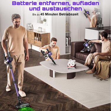 Бездротовий акумуляторний пилосос 45000 Па/500 Вт/45 хв з висувним шлангом 73 см, LED-дисплеєм та щіткою Anti-Tangle для твердих поверхонь, килимів та шерсті тварин, фіолетовий