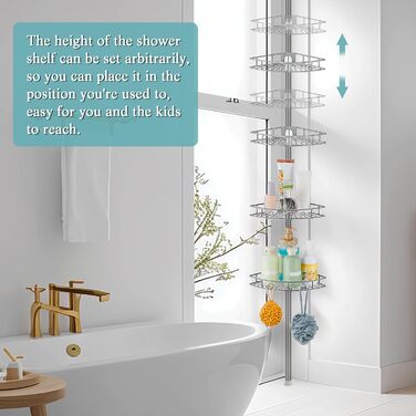 Hoomtaook Telescopic Shower Shelf, Shower Caddy Without Drilling Corner Stainless Steel Corner Shelf with 4 Shower Baskets, Telescopic Shelf Bathroom Height Adjustable 85-325cm for Bathroom and Kitchen, Grey