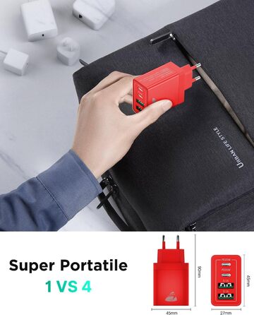 Зарядний пристрій USB-C 4-портовий 40W з Quick Charge для iPhone, Samsung та інших пристроїв (Червоний)