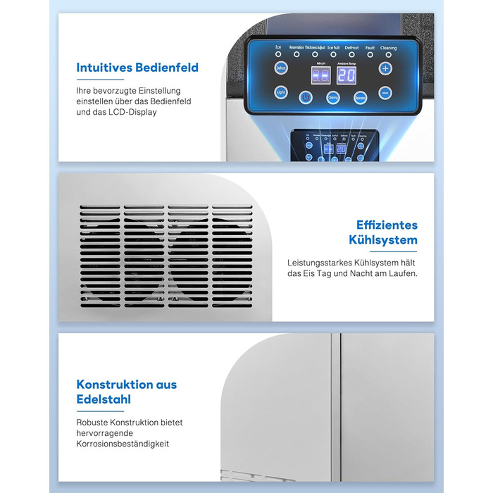 Льодогенератор Wilprep для дому та бізнесу: 22 кг/24 год, самоочищення, LCD-дисплей, нержавіюча сталь