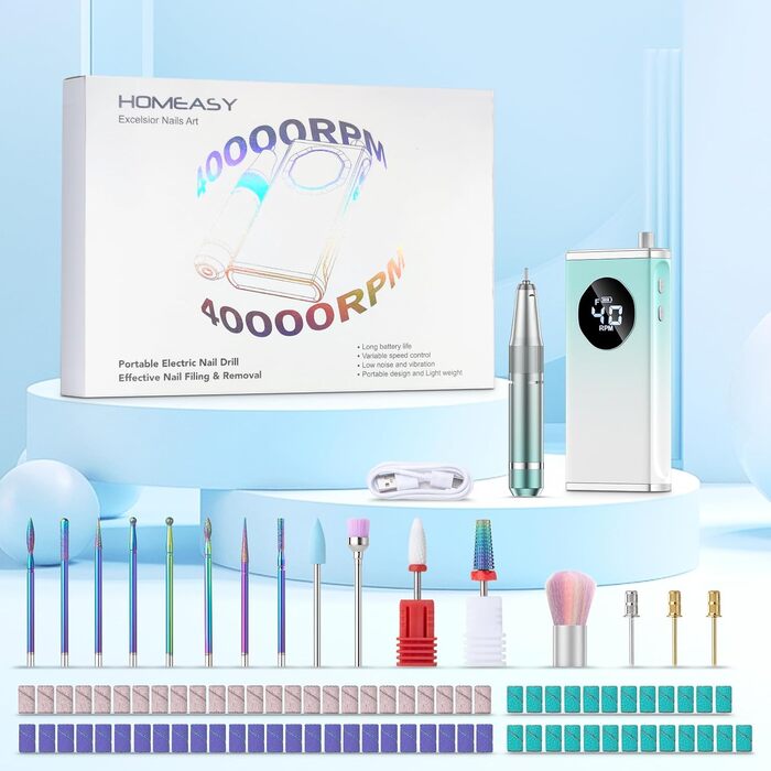 Електричний фрезер для манікюру та педикюру Profi Set 16 в 1 з LCD дисплеєм, 40000 об/хв, F/R, для гелевих нігтів, портативний, фіолетовий, блакитний, білий