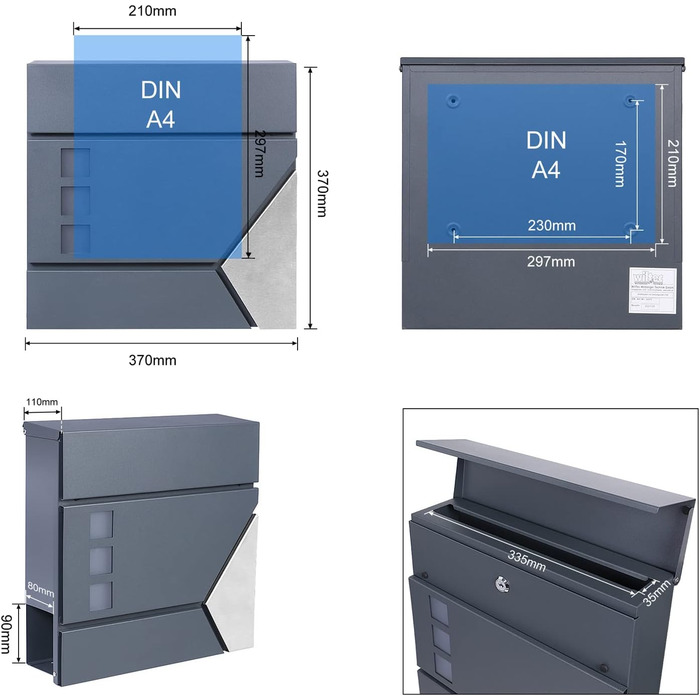 Поштовий ящик Wiltec Designer V24 антрацит/нержавіюча сталь 370x105x370 мм, настінний, з замком, оглядовим вікном та тримачем для газет