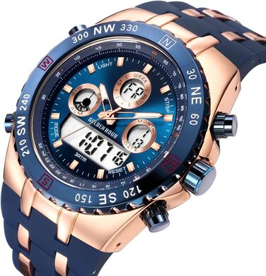 Чоловіжі військові спортивні годинники: цифрові, аналогові, з датою, будильником, світосвітністю, секундоміром. Великі годинники для чоловіків (Rose Gold Blue)