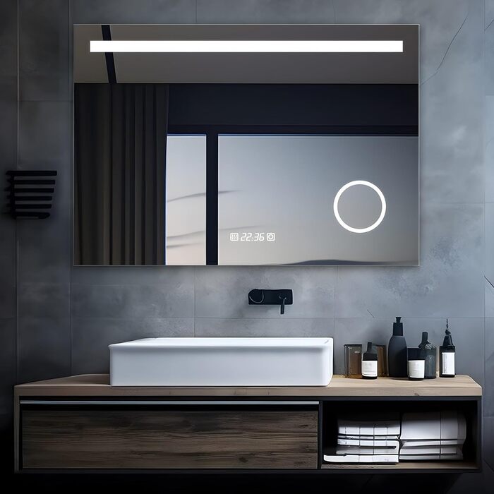 MIQU LED дзеркало для ванної кімнати з підсвічуванням 80x60 см, з розеткою, годинником, сенсорним керуванням, регулюванням яскравості, 3 кольори світла, антизапарник, збільшення, для ванної кімнати, туалету, коридору