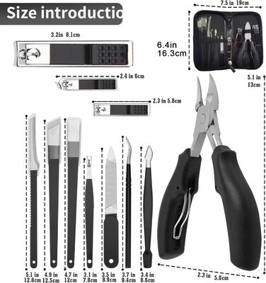 Набір для манікюру та педикюру Fingernagel 11 в 1 для товстих та врослих нігтів: кусачки, пилочки, інструменти для догляду за руками та ногами (чоловічі, жіночі, для літніх людей) з кейсом для подорожей
