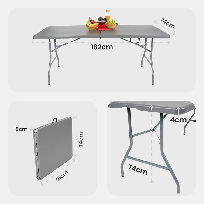 Складаний садовий стіл Arebos Buffettisch 182x74x74 см, антрацит | для 8 осіб | з ручкою для перенесення | для саду, тераси, балкону