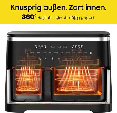 Фритюрниця повітряна подвійна 11л Airfryer, XXL фритюрниця з 2 кошиками, 7л/4л, для основного та гарніру одночасно, 2600W, 10 програм, сенсорний екран, нагадування про струшування