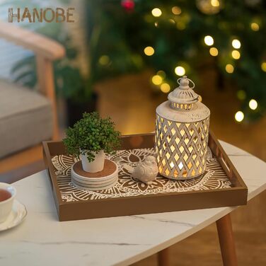 Hanobe Wooden Tray Rectangular Decorative Serving Tray: Boho Decorative Tray Flowers Wood Tray with Handle Brown Small Candle Trays Farmhouse Candle Tray for Coffee Table Tealight Kitchen Table