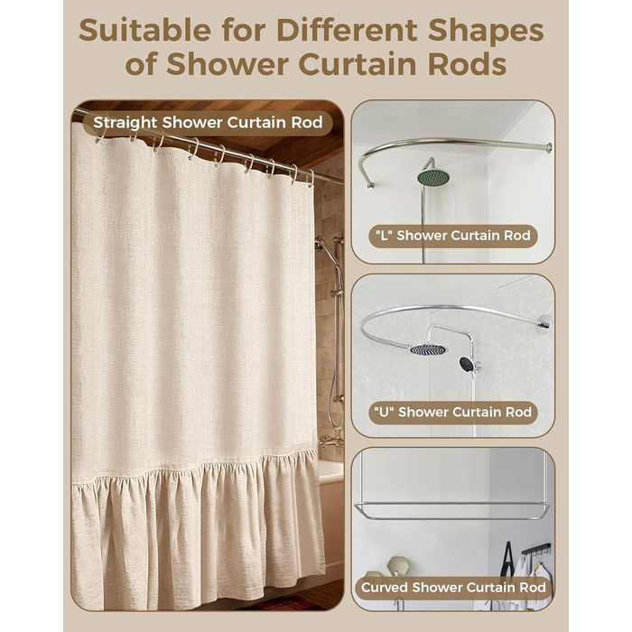 Штора для душу 180x180 см Бежева, Льняна текстура - Водонепроникна, з обтяженим краєм, 12 кілець, для ванної кімнати