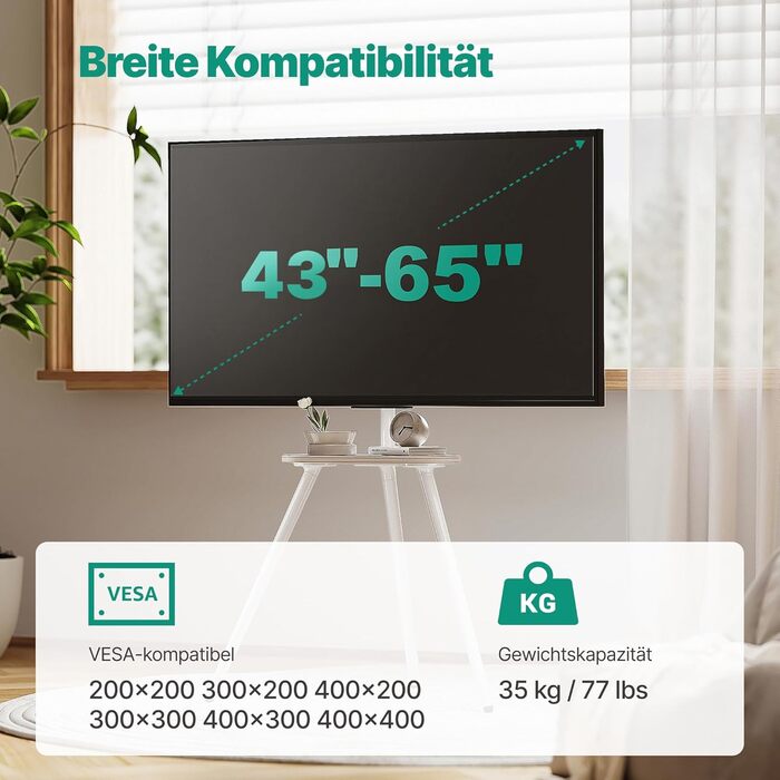 Стійка для телевізора 43-65 дюймів LCD LED OLED до 35 кг, регульована по висоті, поворотна, дерев'яна підставка з полицею, VESA 400x400 мм, біла