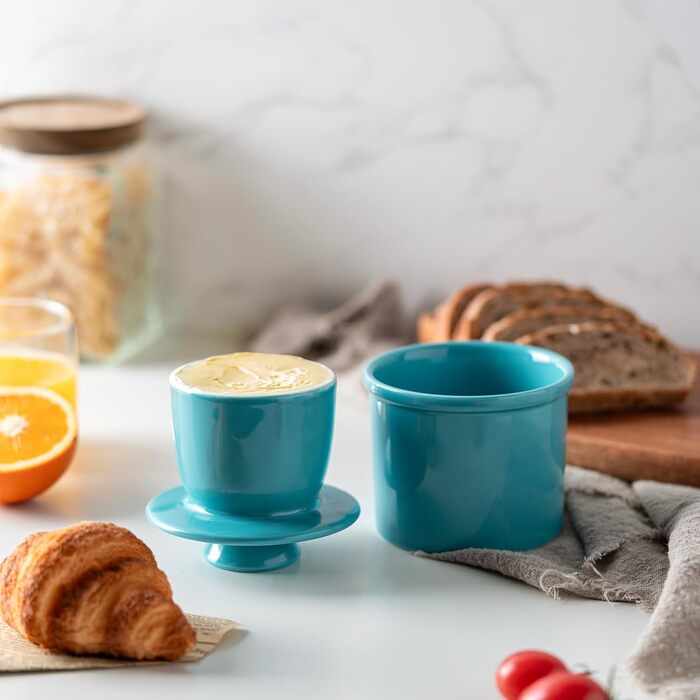Butter dish with waterline for counter, French butter crock with lid, ceramic butter container for fresh spreadable butter, turquoise