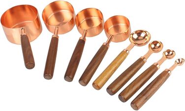 Measuring cups and spoons with wooden handles, 8-piece set, coffee bartender scale, kitchen accessories (Rose Gold)