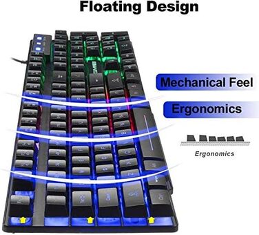Ігровий набір клавіатури та миші UK-Layout 4-в-1 з підсвічуванням Rainbow, миша 2400 DPI, навушники, килимок для миші (K&M-Black)
