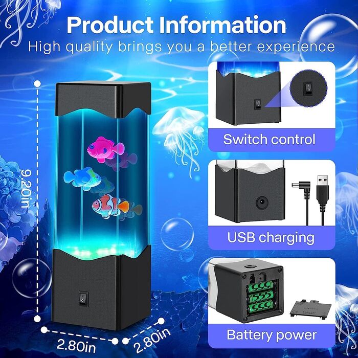 SENCU Aquarium Lamp, Lava Lamp Kids Room Reading Lamp Water Column with Fish USB Powered/Battery Operated Mood Light Fantasy, Night Light Living Room Decor Bedroom (Black)