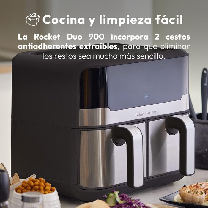 Фритюрниця MasterPRO Rocket Duo 900 | Двокамерна, 9л, 2100W, LED-touchscreen, антипригарне покриття | 11 функцій в 1 | Чорний