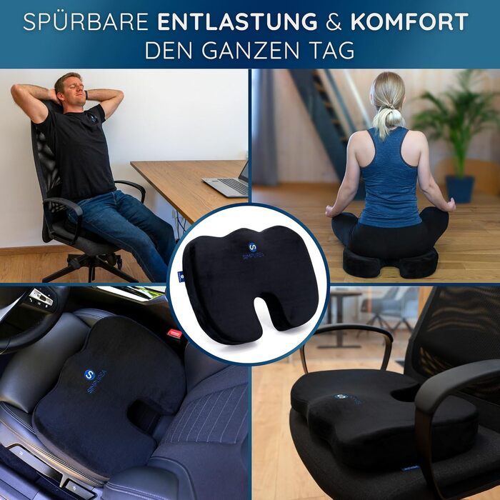 Ортопедична подушка для сидіння Simpurea® 'Koala' з антиковзким велюровим покриттям – для офісу, авто та дому – сприяє здоровій поставі та комфорту, знімає навантаження зі сідничної ділянки – Soft (45-90 кг) Чорний