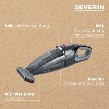 Акумуляторний пилосос Severin 4-в-1: портативний, для вологого та сухого прибирання, для авто, шерсті тварин, до 30 хв роботи, біло-сірий (HV 7146)