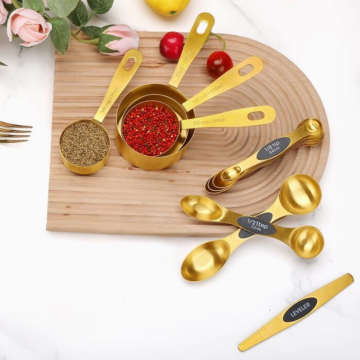 Набір мірних стаканів та ложок Cuteefun Gold, 13 предметів: 5 стаканів, 8 магнітних ложок, нержавіюча сталь для вимірювання сухих та рідких інгредієнтів для випічки та приготування їжі