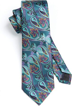 Кравка для чоловіків HISDERN: комплект краватки та нагрудного хустинки з патерном пейслі, формальний стиль, класичний дизайн, аква/фіолетовий колір