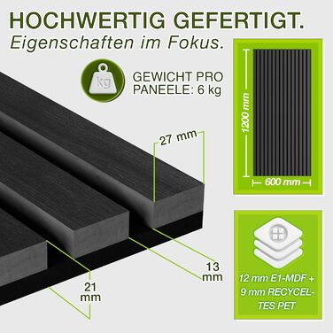 Акустичні панелі TRESKO з дерева 120×60×2,1 см (4 шт), 3D стінові ламелі для шумоізоляції, колір дуб чорний, з набором 8 гачків та монтажним комплектом
