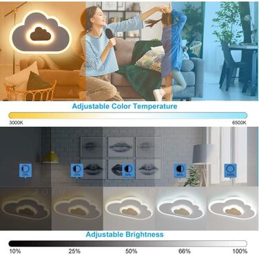 LED Ceiling Light Bedroom Children's Room Lamp Ceiling Lamp Ceiling Light for Children Cloud Ceiling Light Wood Stepless Dimming with Remote Control With Night Light Function, 40cm