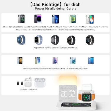 Бездротова зарядна станція COLSUR 3 в 1 для iPhone, Apple Watch, AirPods, 15W швидка зарядка, настільна лампа з годинником і зарядкою, біла