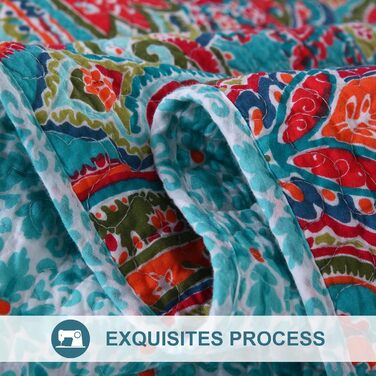 Qucover Плед з візерунком пейслі 220x240 см, стеганий, бохо стиль, для дивану та ліжка, комплект з подушками (2 шт.), бавовна/поліестер