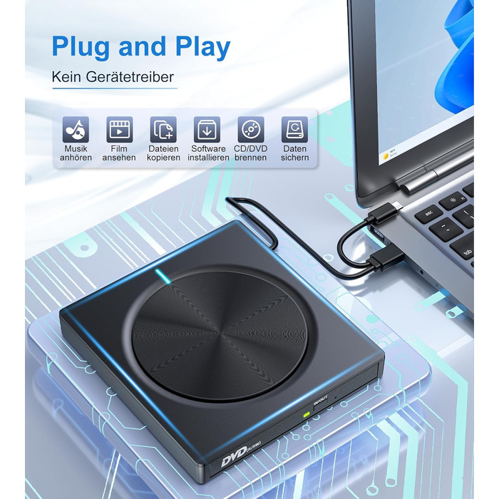 Зовнішній CD/DVD привід USB 3.0 та USB-C, оптичний накопичувач CD/DVD +/-RW ROM Brenner для ноутбука, ПК, MacBook, iMac (Windows, MacOS, Linux)