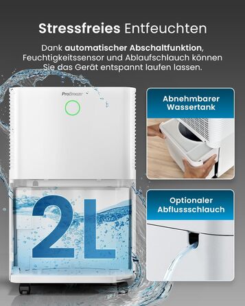 Pro Breeze OmniDry Dehumidifier 12L/24h Dehumidification Performance - Electric Dehumidifier, Humidity Sensor, Drain Hose, Digital Display, Sleep Mode, Timer - Against Humidity, Mold