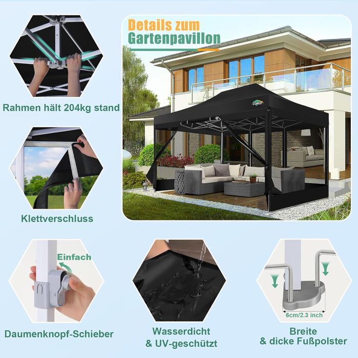 COBIZI Pavilion 3x3m Foldable, Waterproof & Winter-Proof – Stable Garden Tent with 23mm Steel Tube, UV50+ and Mosquito Nets for Camping/Parties + Carry Bag (Black, 3mx4.5m)