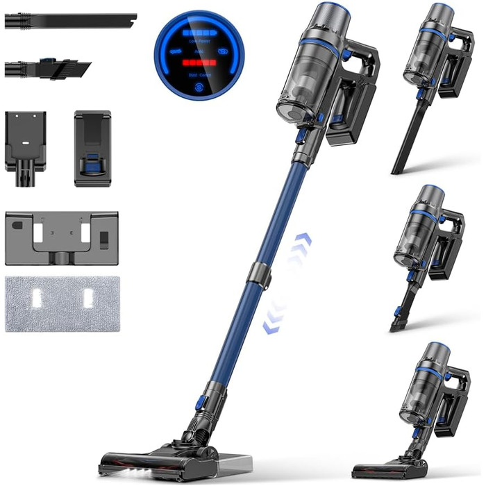 Бездротовий акумуляторний пилосос з функцією миття підлоги, 45000 Па/550 Вт/60 хв, безщітковий двигун, LED-дисплей, самостійна парковка, для твердих поверхонь, килимів та шерсті тварин, блакитний