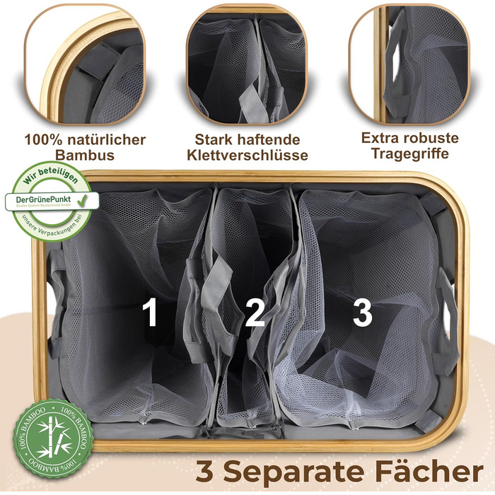 Luxpur® кошик для білизни XXL з кришкою, 3 секції, бамбук, складаний органайзер для сортування білизни