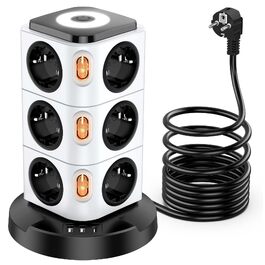 Мережевий фільтр-башня Acodot на 12 розеток з USB-портами, захистом від перенапруги, нічним підсвічуванням та 4 вимикачами, кабель 3м, 2500Вт, білий